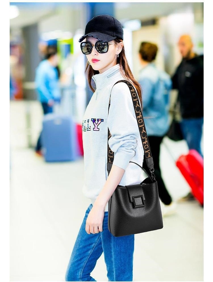 Womens Bucket Bag Adjustable Shoulder Strap Fashion Handbag with Square Buckle